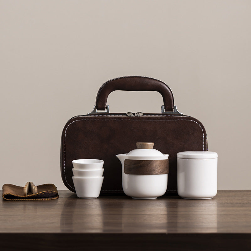 Portable Kung Fu Tea Set - White Ceramic Teapot with 3 Cups & Tray and Carrying Case
